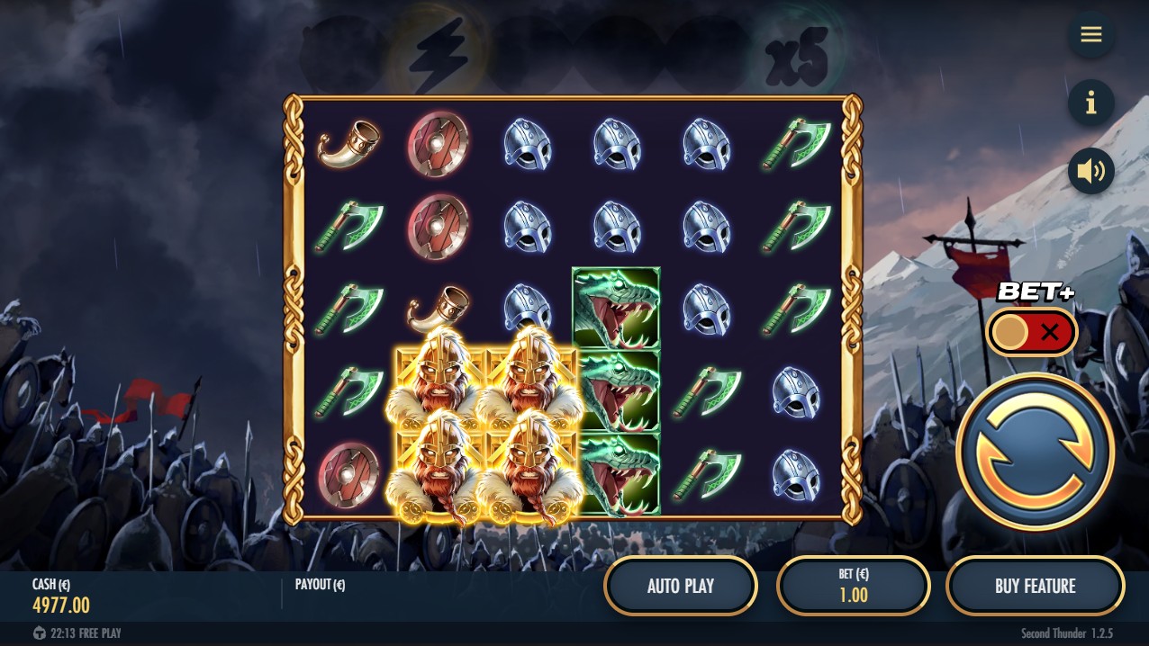 Second Thunder by Thunderkick – base game Norse 6x5 grid Wild Field mechanic Feature Row multipliers