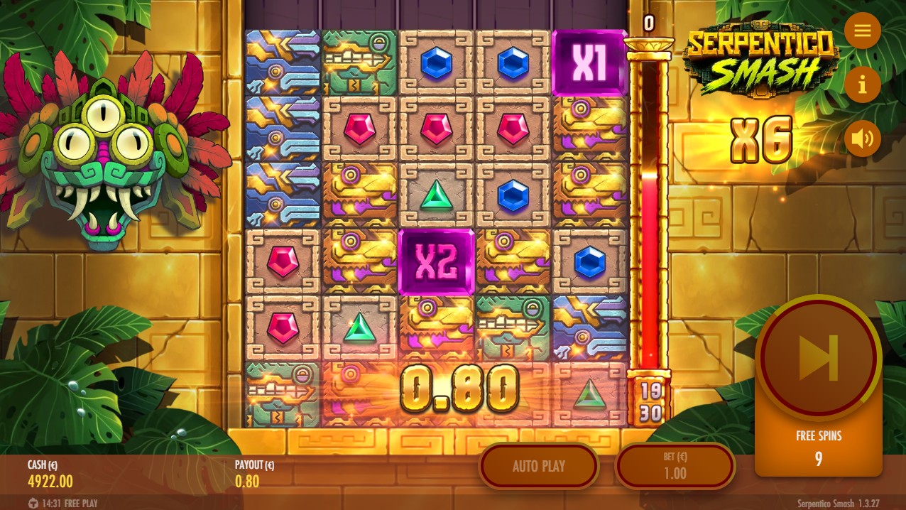 Serpentico Smash by Thunderkick — bonus round 10 free spins persistent Global Multiplier wild collector 5,000x max win