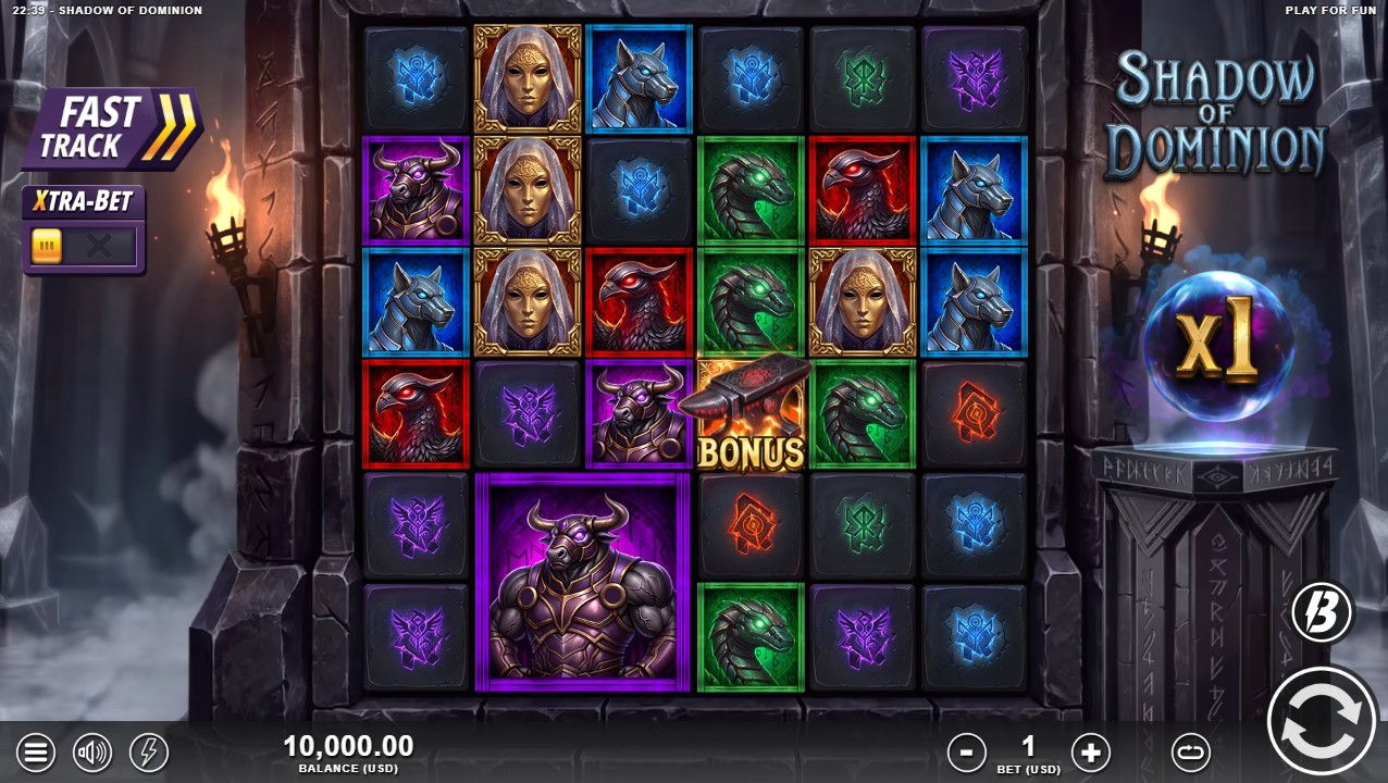 Shadow of Dominion by Slotmill – base game 6×6 Scatter Pays grid with giant symbol landing