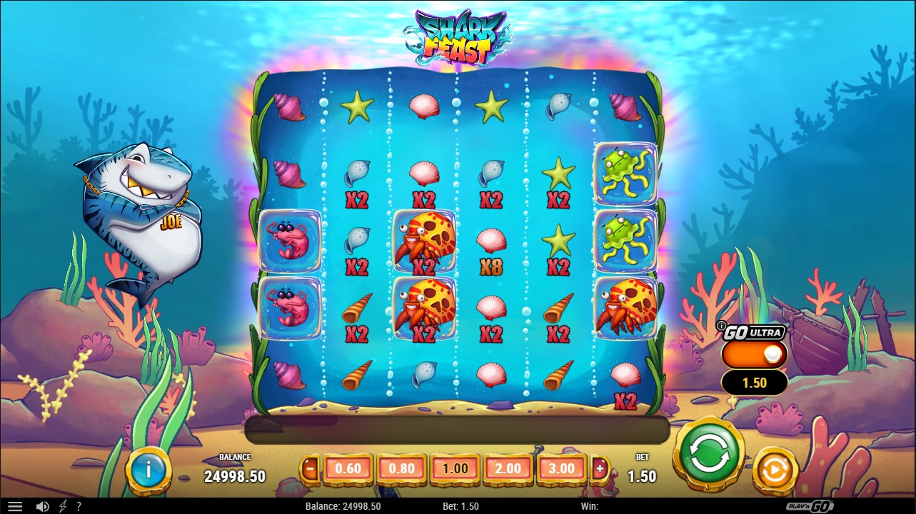 Shark Feast by Play'n GO — base game 6-reel Scatter Pays grid