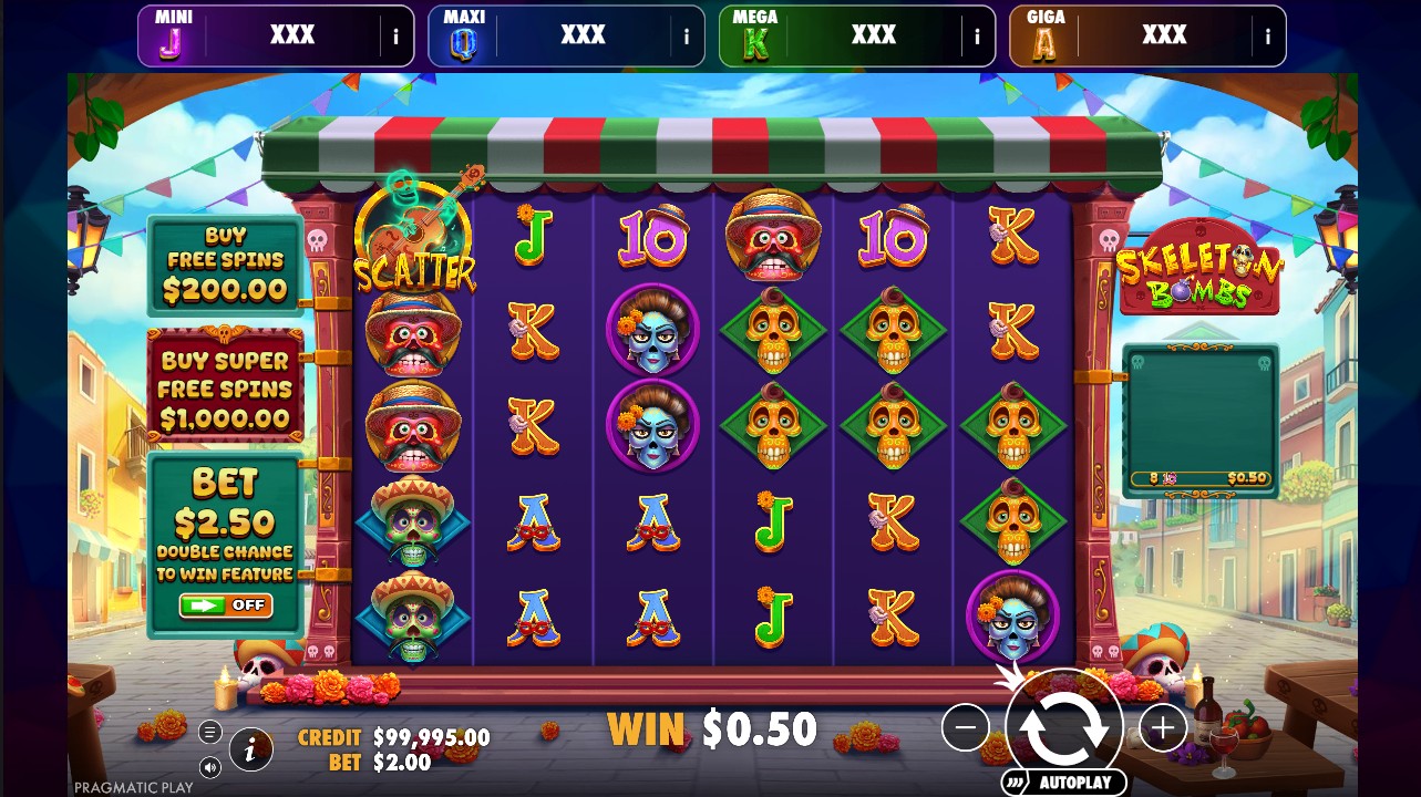 Skeleton Bombs by Pragmatic Play — base game 6 reels Scatter Pays Day of the Dead theme