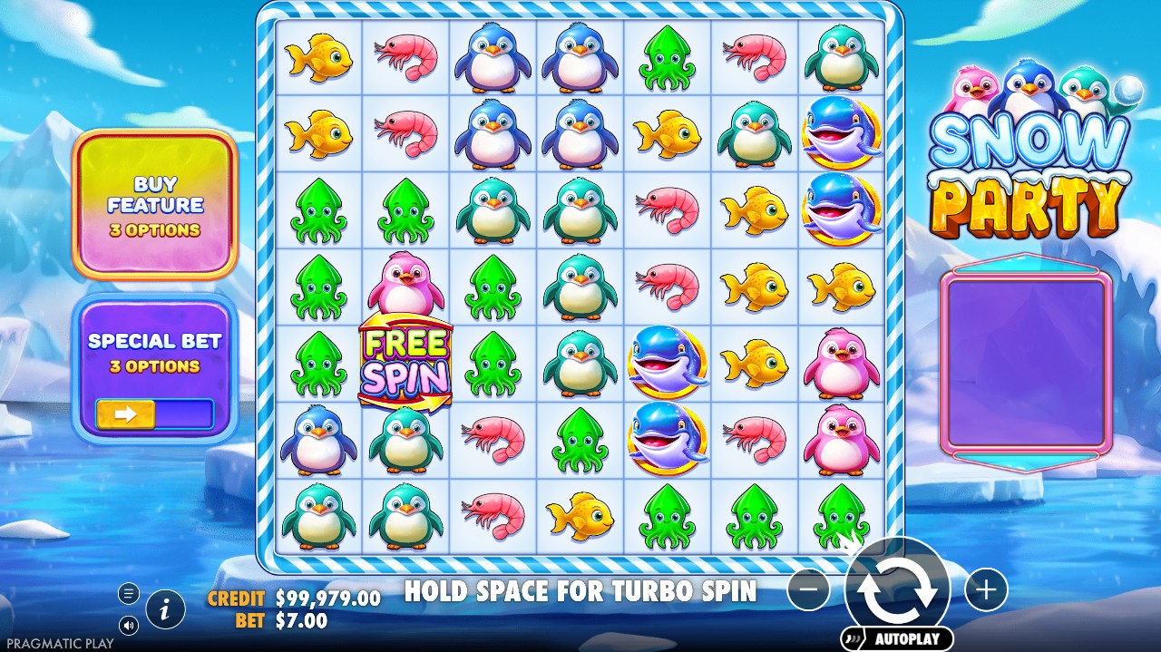 Snow Party by Pragmatic Play – 7-reel cluster pays base game winter penguin theme