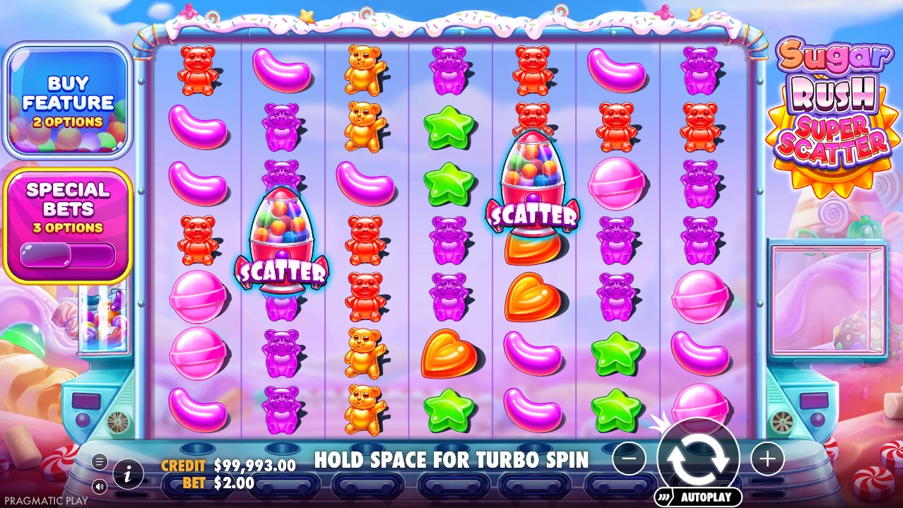 Sugar Rush Super Scatter by Pragmatic Play – base game 7x7 cluster pays Super Scatter multiplier bombs