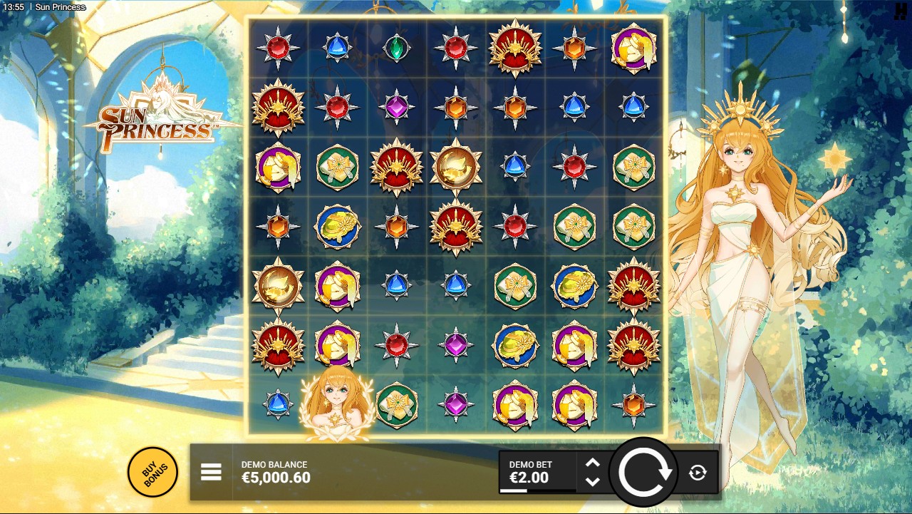 Sun Princess by Hacksaw Gaming – base game 7x7 cluster pays Sun Ray Frames Wild Multipliers