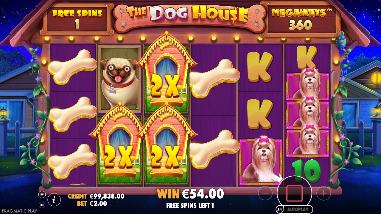 The Dog House free spins – sticky multiplier wilds stacking to x9 6,750x win, Pragmatic Play 96.51% RTP