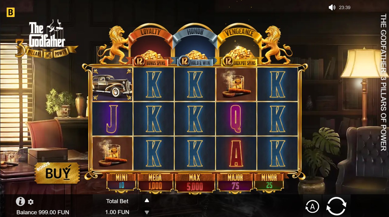 The Godfather 3 Pillars of Power by BGaming — base game 5-reel 20-payline three bonus meters
