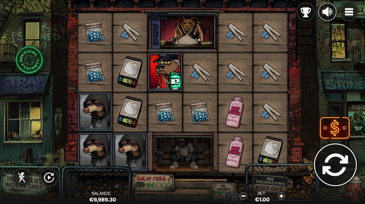 Trap Tower by Shady Lady – base game, 96.26% RTP, High volatility, 6 reels 1,024 ways