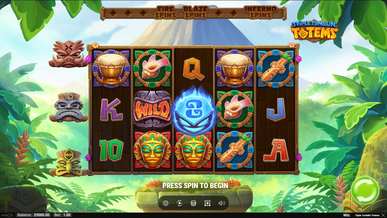 Triple Tumblin' Totems by Play'n GO – base game expanding 5x3 grid Tumblin' Reels cascade mechanics Fire Spirits