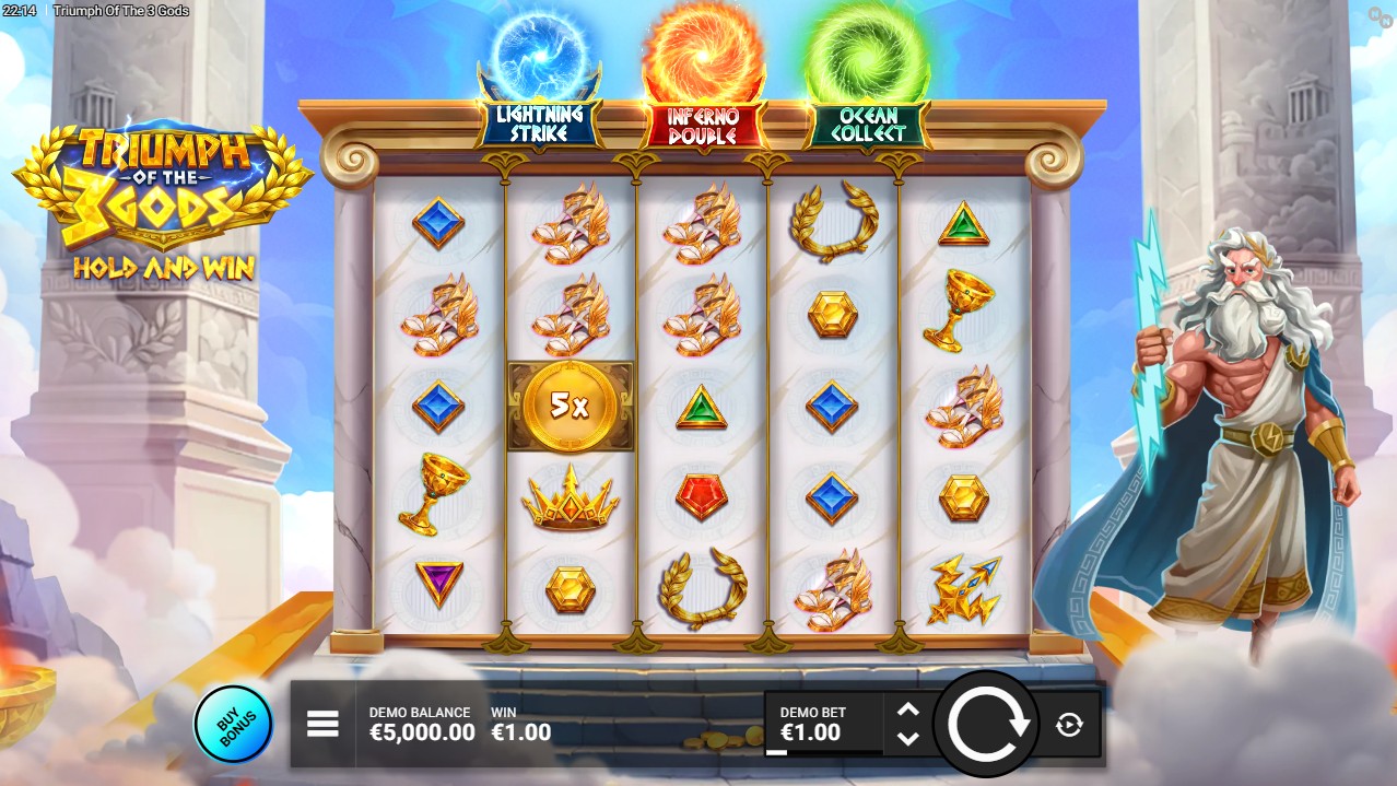 Triumph of the 3 Gods by NowNow Gaming – 5-reel 19-payline base game with mythology deity symbols