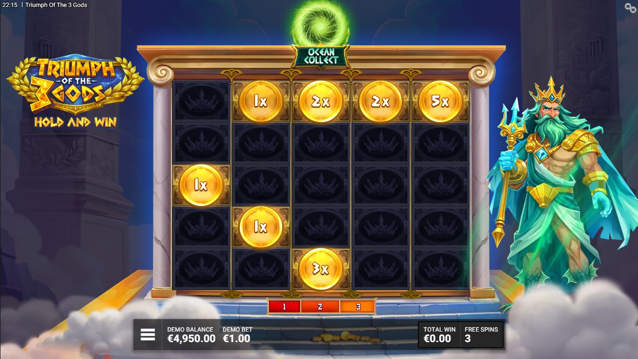 Triumph of the 3 Gods – Hold & Win feature with bonus symbols locked and respins active