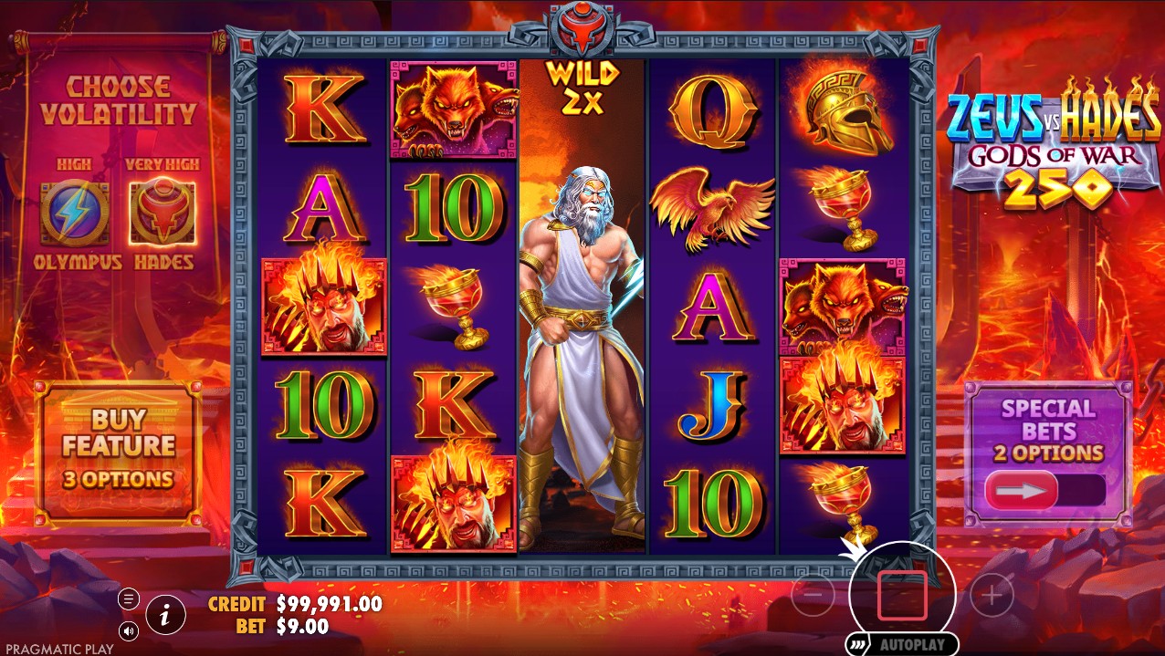 Zeus vs Hades Gods of War 250 by Pragmatic Play – base game cascading reels rising multipliers Greek theme