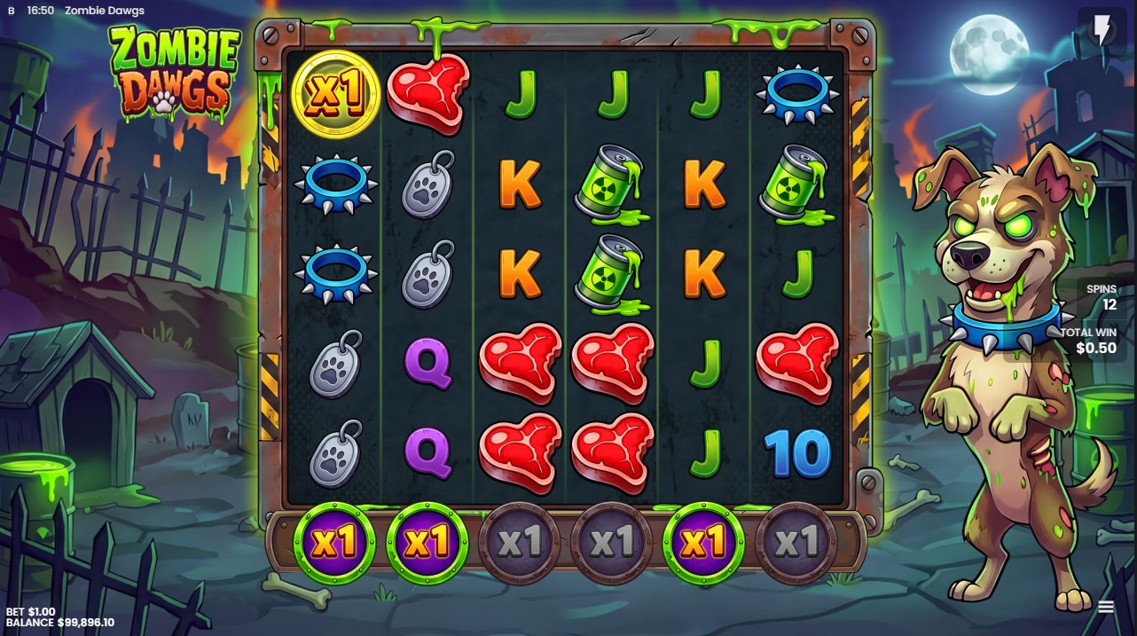 Zombie Dawgs – Free Spins bonus with cascading multipliers on the zombie wasteland reels