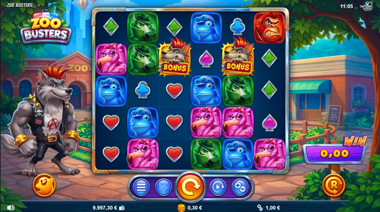 Zoo Busters by Fantasma Games — base game 6x5 scatter pays grid