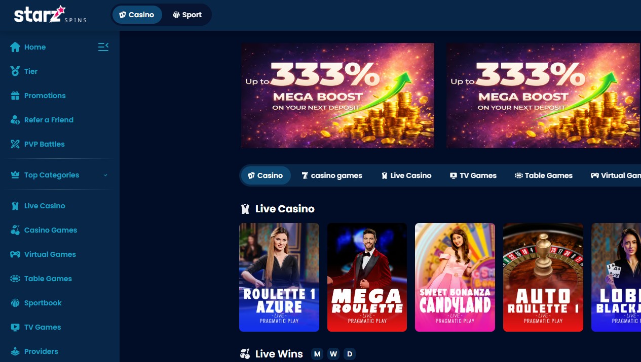 Starz Spins Casino game lobby with 15000 plus titles