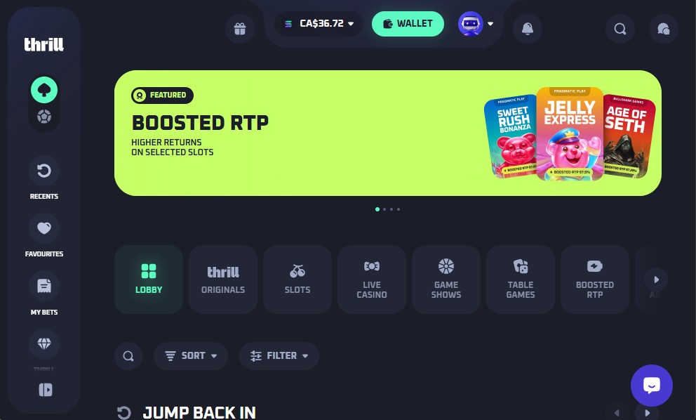 Thrill Casino homepage — crypto-native casino with instant rakeback and Thrill Originals