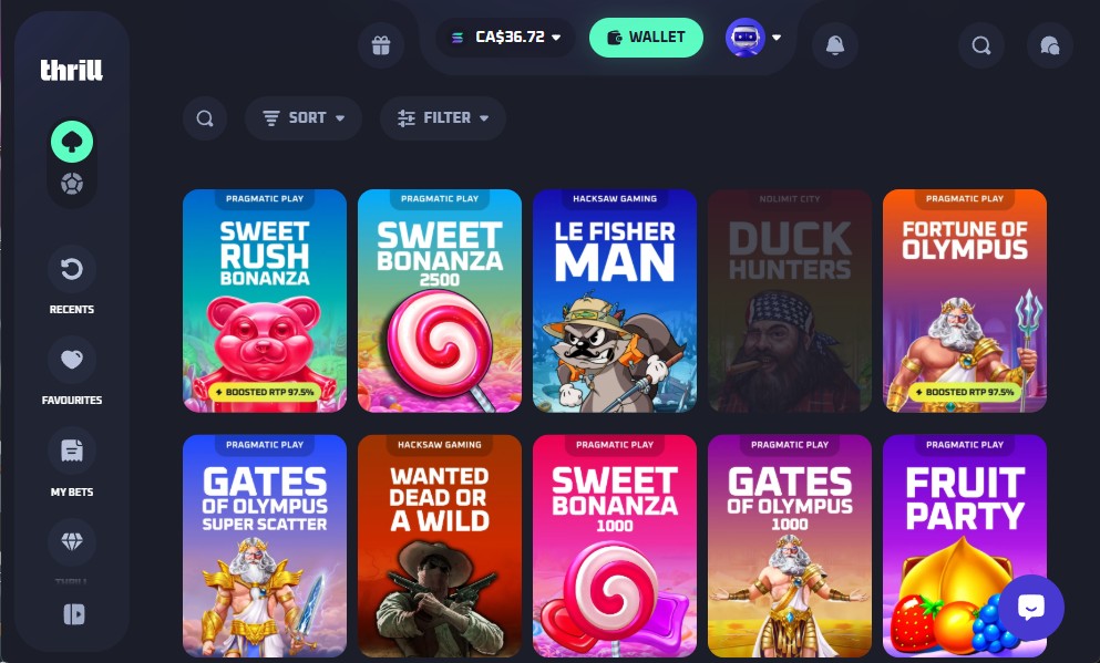 Thrill Casino game library — 40+ providers, Thrill Originals, slots and live casino