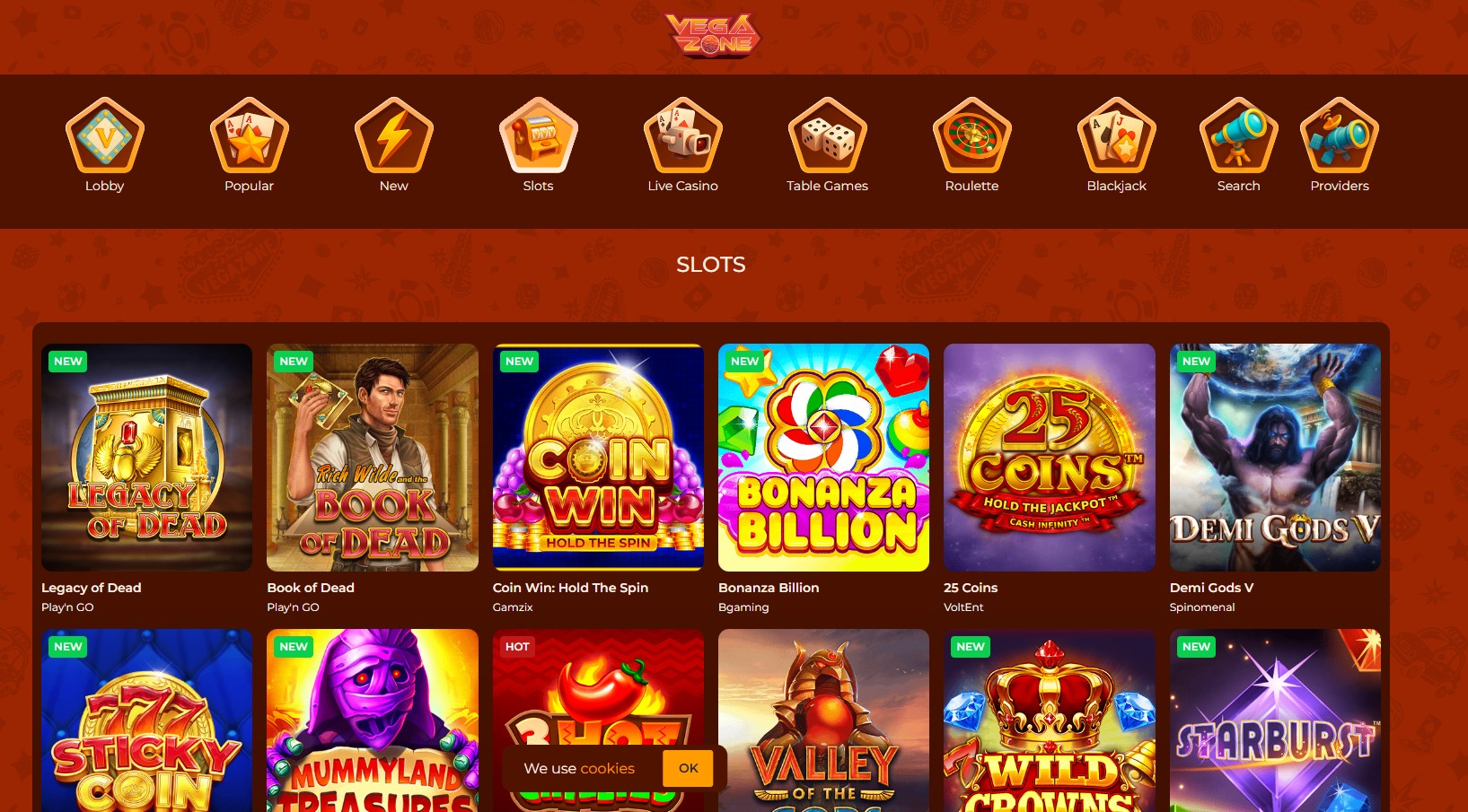 Vegazone Casino slot game library with crypto and Interac payments