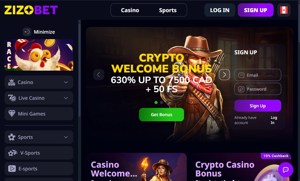 Zizobet Casino homepage — 550% welcome bonus, 8K+ games, sports betting